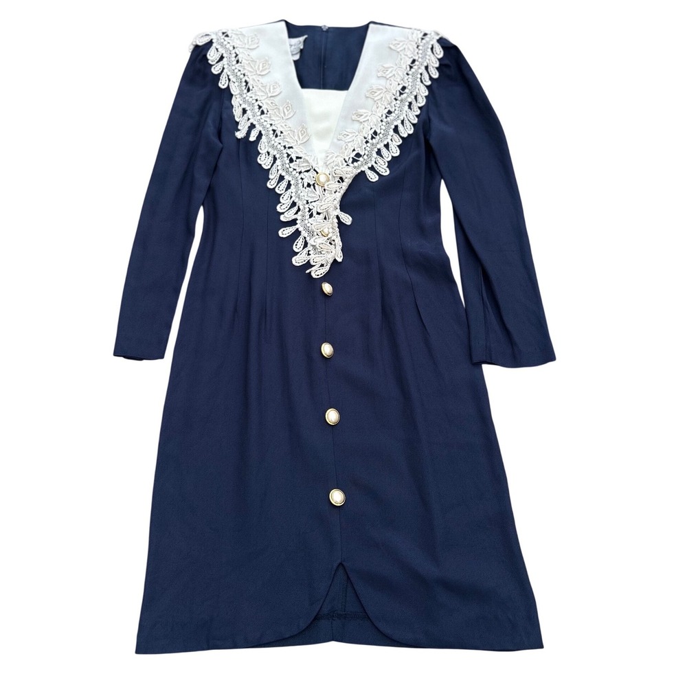 Jeffrey & Dara Linda Hutley Vintage Navy Lace Collar Pearl Button Dress P3/4